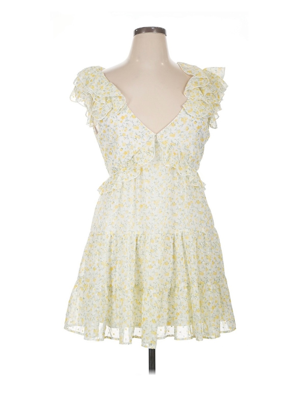 Trixxi Pale Yellow Floral Ruffle V-Neck Mini Dress